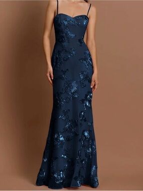 Azazie Navy Embroidered Sequin Gown - Elegant Spaghetti Strap Dress